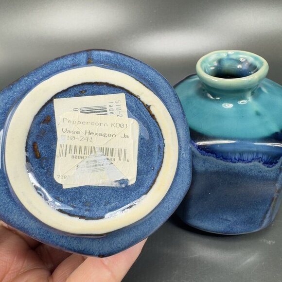 Kotobuki Peppercorn Hexagon Vase Set 2 Made in Japan W Tags Blue Green Glaze VTG - Picture 8 of 16